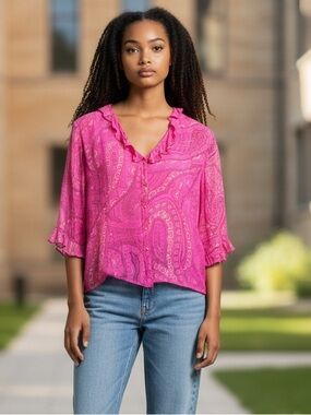 Vintage Silk Pink Paisley Button-Front Blouse